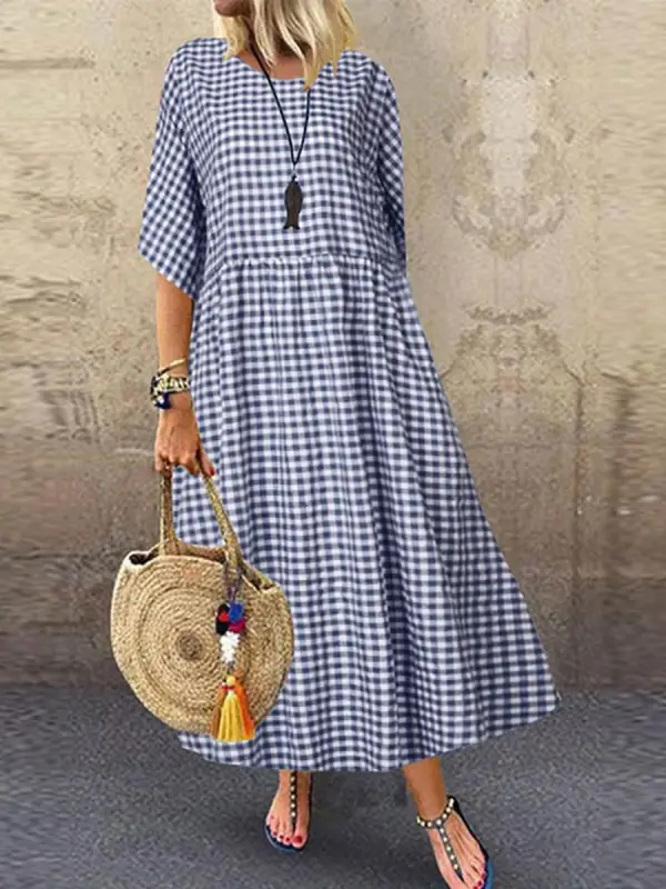 Plaid Casual Short-sleeved Round Neck Maxi Dress - Oasisjoy.com 