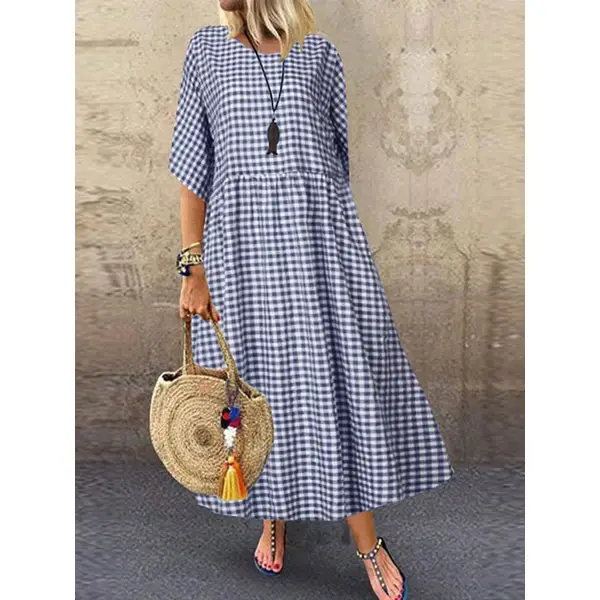 Plaid Casual Short-sleeved Round Neck Maxi Dress - Honeylop.chimpone.com 