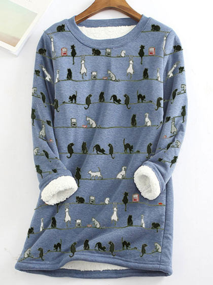 Cartoon Cat Print Plus Velvet Padded Long-sleeved T-shirt