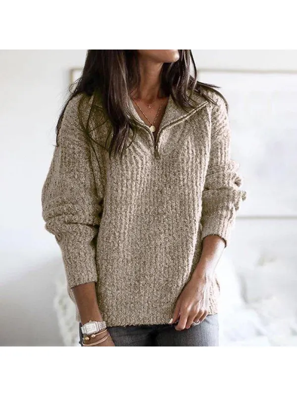 Brief Pure Color Long Sleeve Metal Zipper Sweater - Ininrubyclub.com 