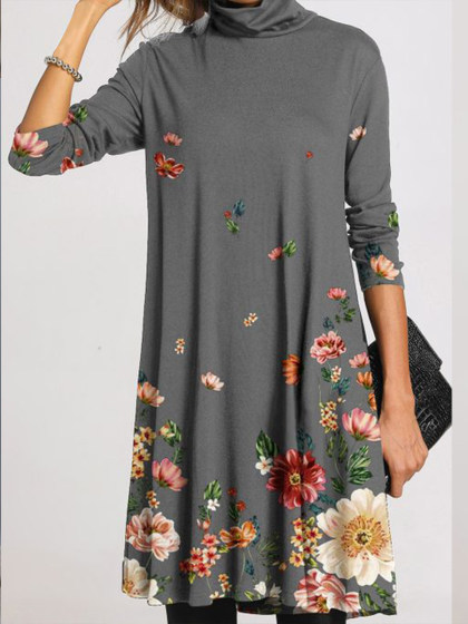 Casual Floral Tunic High Neckline A-line Dress