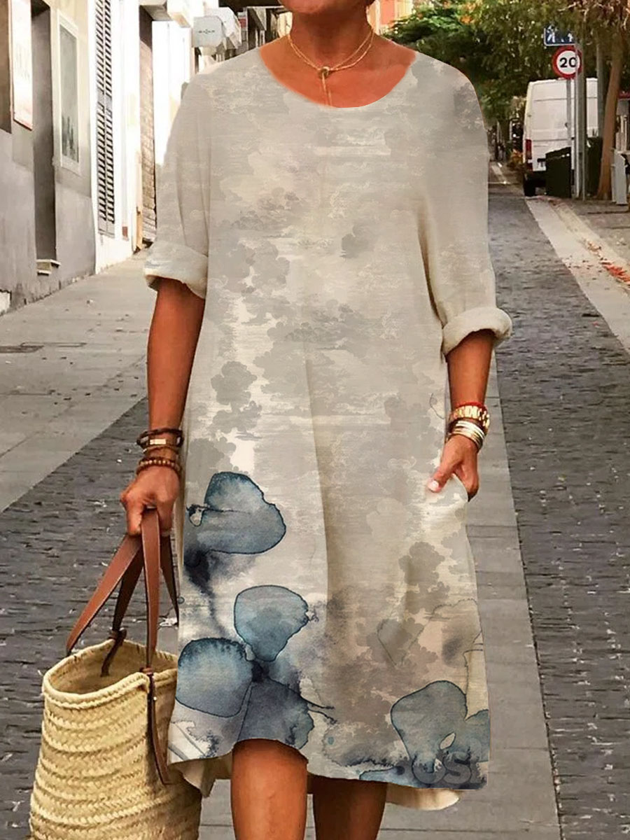 Vintage Floral Print Casual Long sleeved Shift Dress