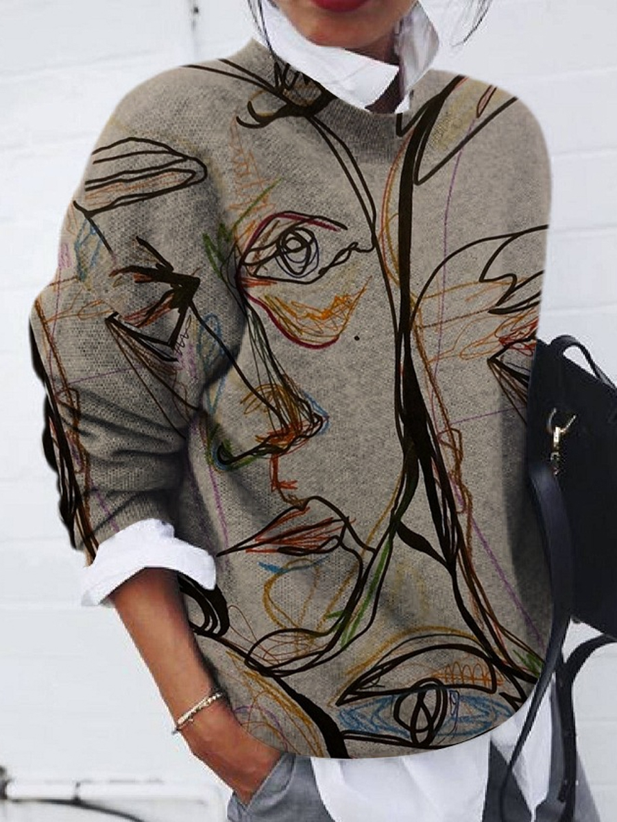 Casual Fashion Brushed Abstract Print Long Sleeved Pullover