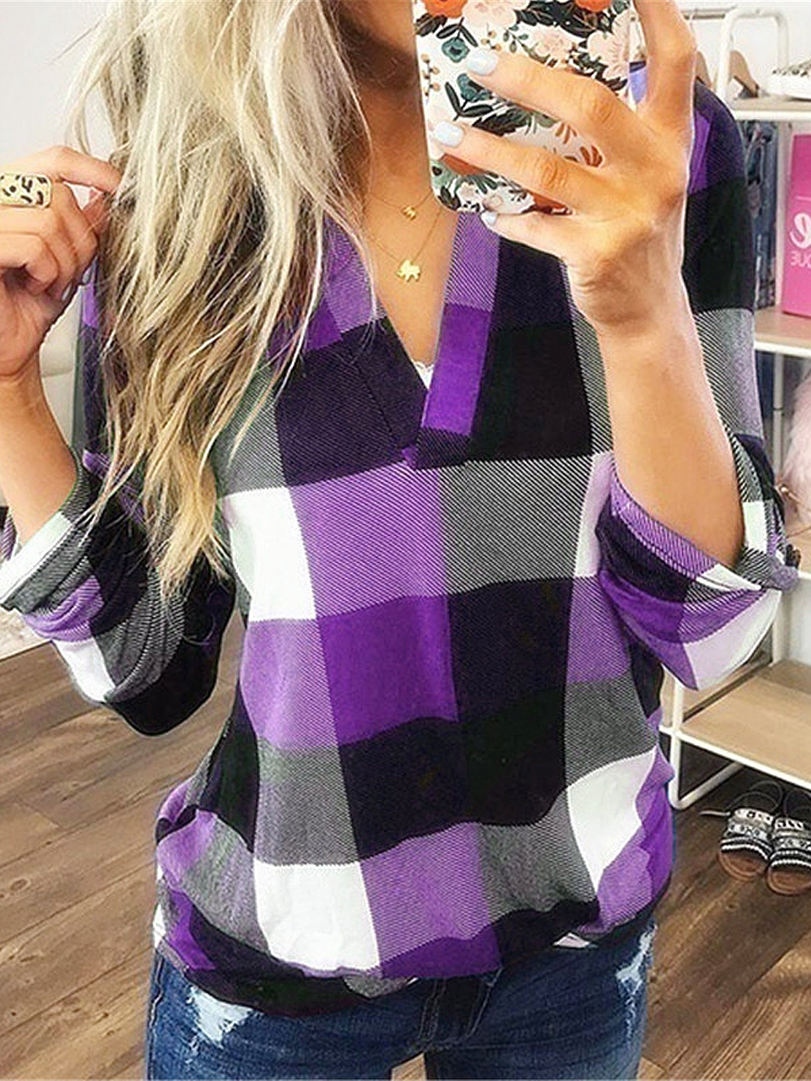 Casual Cotton Plaid V neck Long Sleeve Top