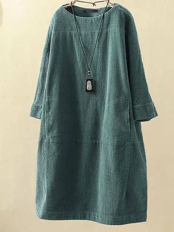 Corduroy 3/4 Sleeves Shift Dress - Oasisjoy.com 