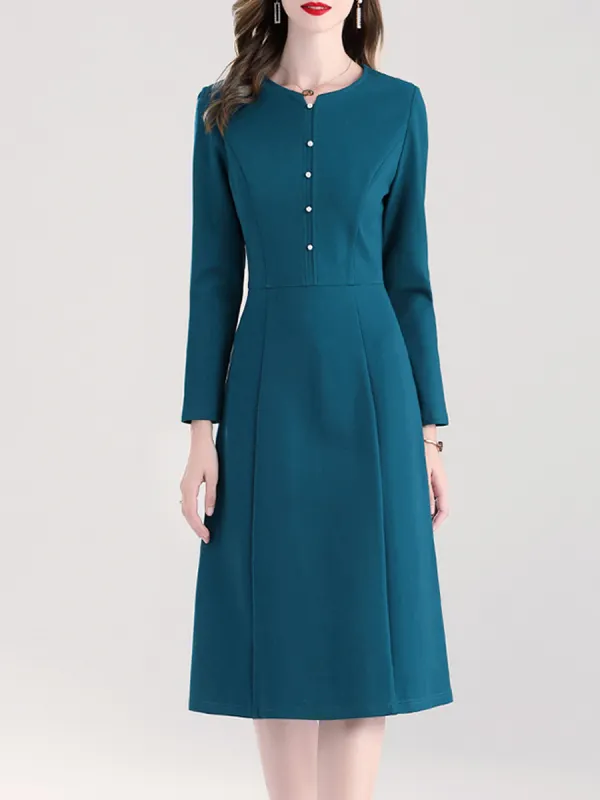 Fall/Winter Elegant Solid Color Slim-fit A-line Long-sleeved Dress - Minicousa.com 
