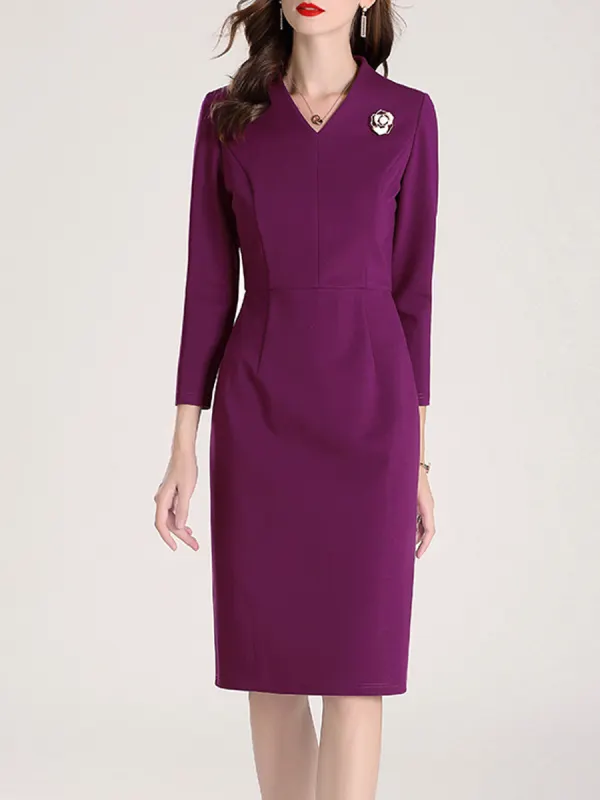 Elegant Slim-fit Solid Color Long-sleeved V-neck Dress - Ininrubyclub.com 
