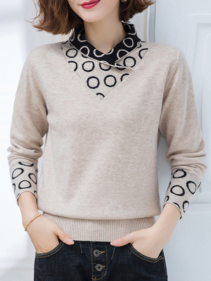 Fall/Winter Half High Neck Stitching Long-sleeved Knitted Sweater