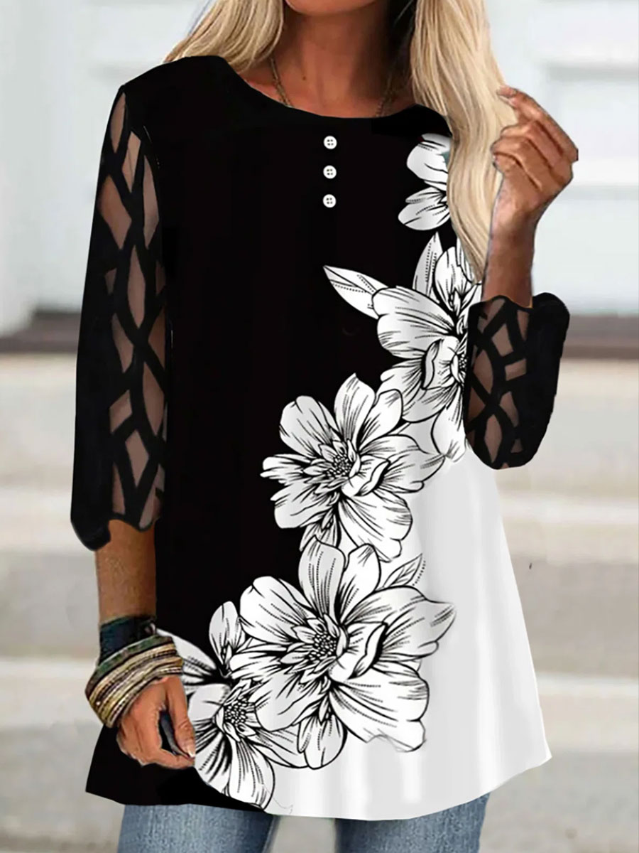 Floral Print Stitching Loose Long-sleeved Blouse