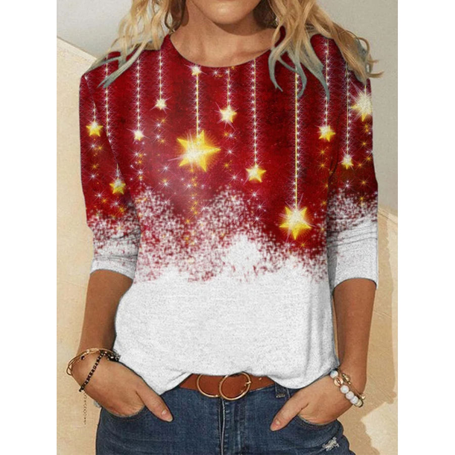 

Christmas Print Long-sleeved Round Neck Casual T-shirt