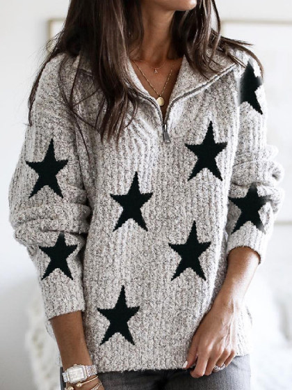 Fashion Zipper Neck Star Pattern Sweater