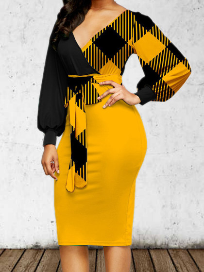 Plaid Printed V-neck Long Sleeve Dress