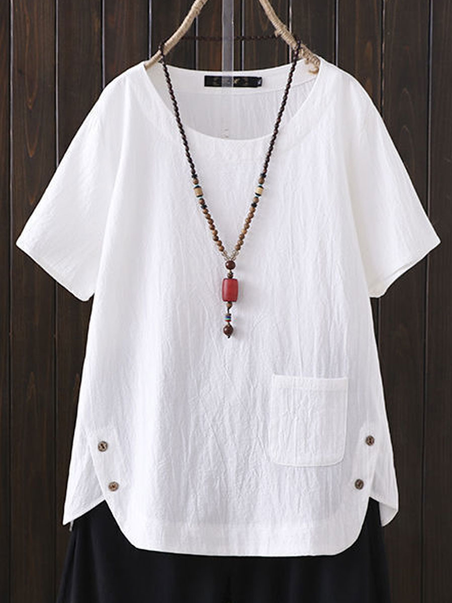 Cotton And Linen Solid Color Short sleeved Blouse