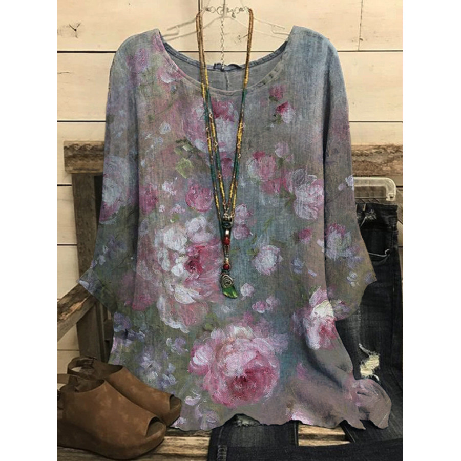 

Casual Loose Round Neck Floral Print Long-sleeved Blouse