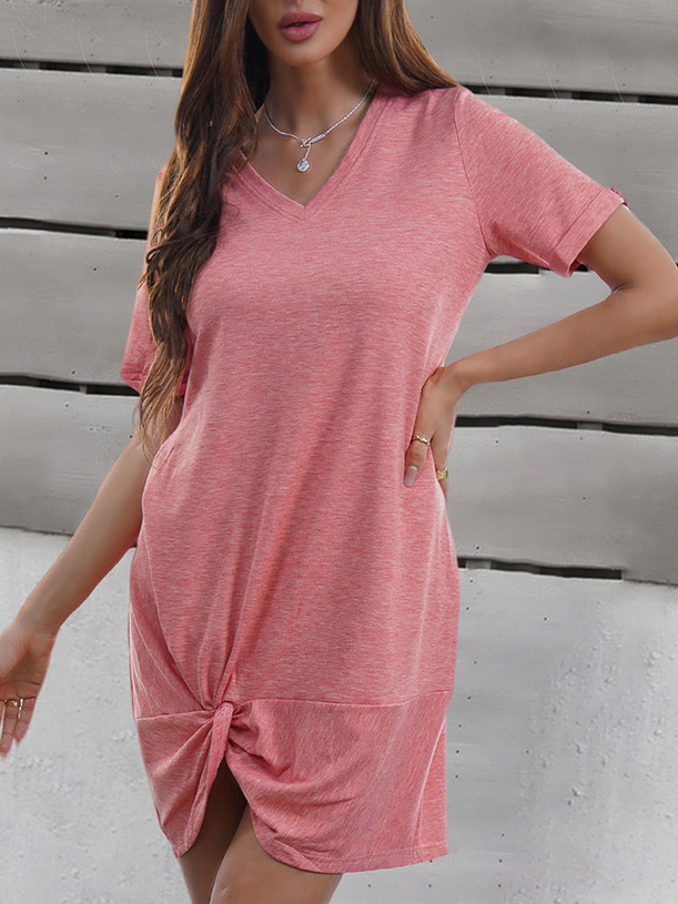 Solid Color V Neck Bow Short Sleeve Shift Dress