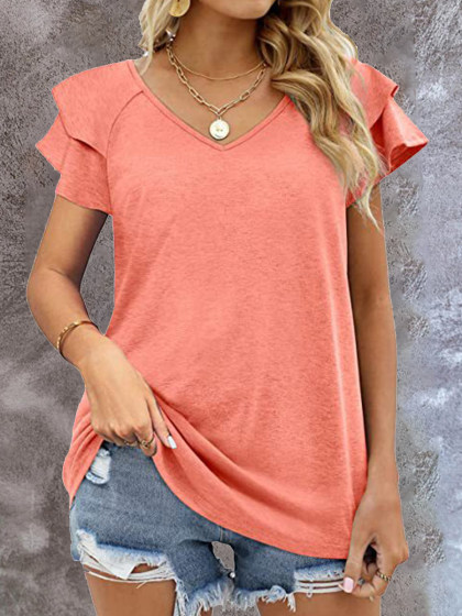 V-neck Solid Color Lotus Leaf Short-sleeved T-shirt