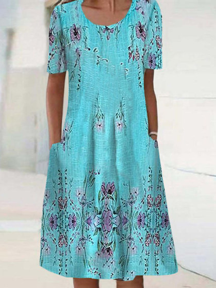 Floral Casual Loosen Short Sleeve Woven Dress