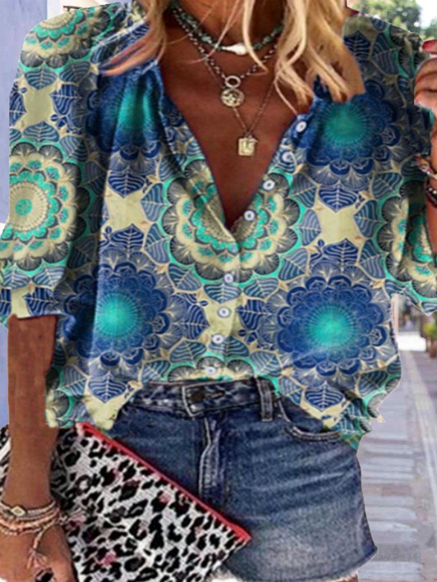 Printed Stand Collar Loose Long Sleeve Blouse