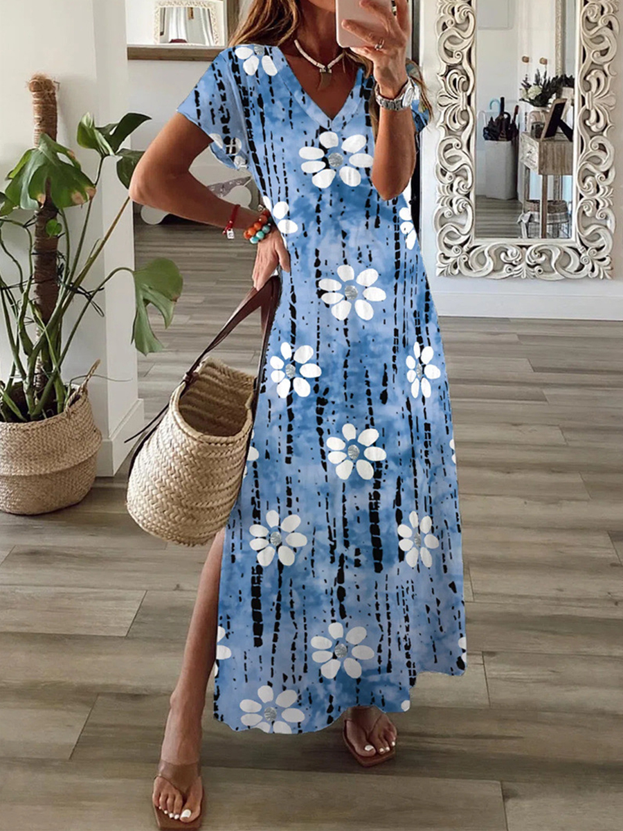 Summer Floral Print Short sleeved V neck Dress