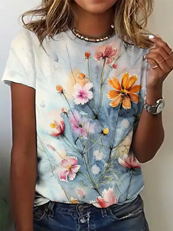 Summer Flower Print Short Sleeve Crewneck T-Shirt - Oasisjoy.com 