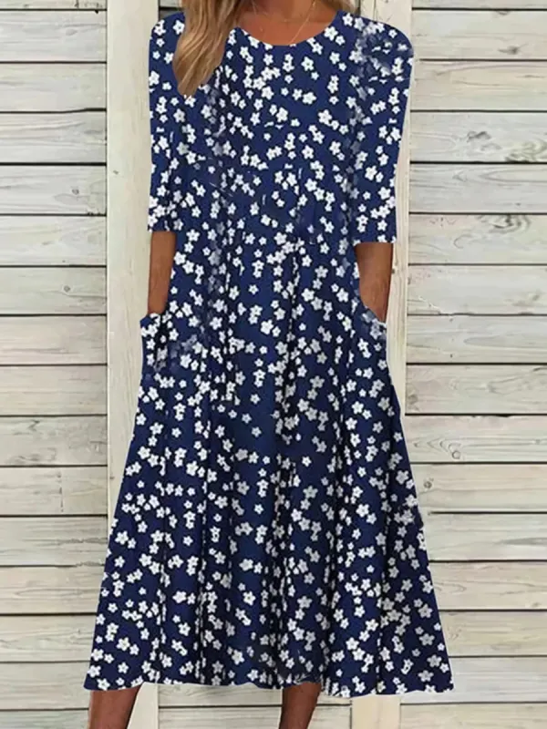 Summer Round Neck Pocket Print Dress - Oasisjoy.com 