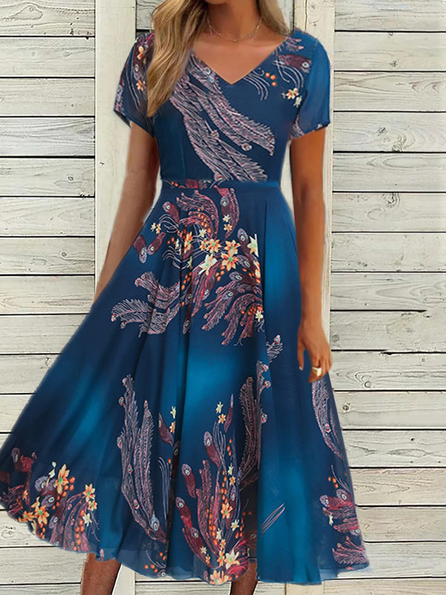 Women Elegant Print Short Sleeve Chic Dress
