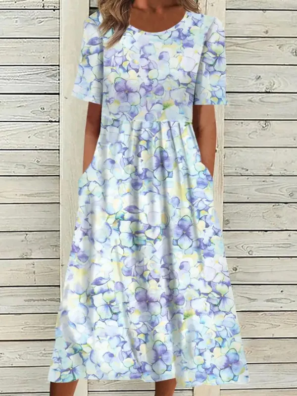 Spring/Summer Round Neck Floral Print Casual Vacation Dress - Oasisjoy.com 