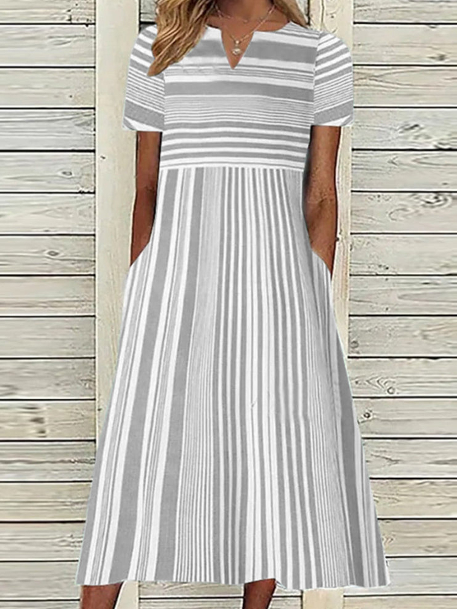 Irregular Stripe Print V Neck Short Sleeve Dress