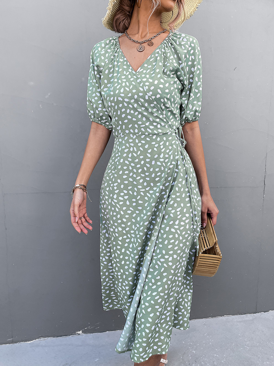 Summer V Neck Print Slit Dress