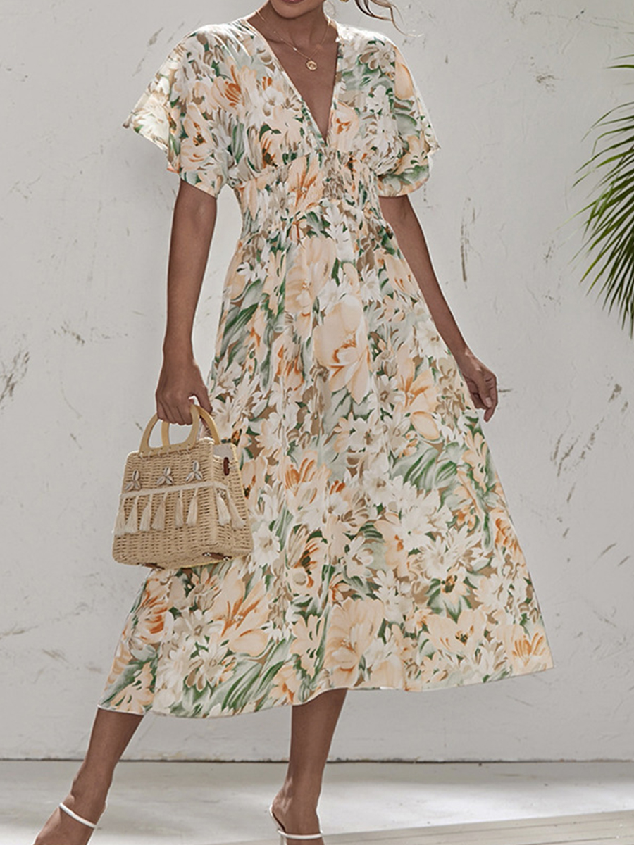 Floral Print V Neck Elastic Waist Polyester Dress