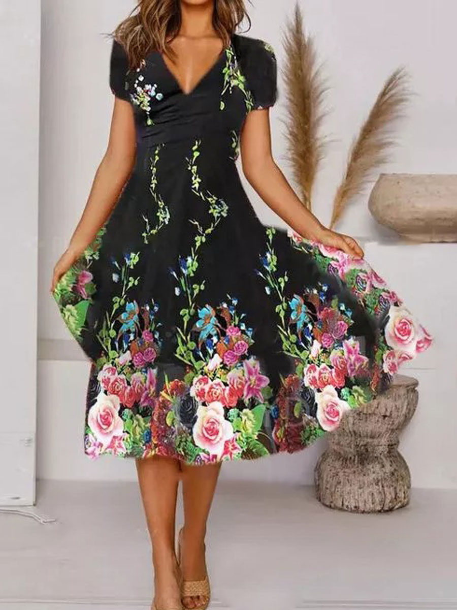 V neck Casual Loose Floral Print Resort Short Sleeve Midi Dress