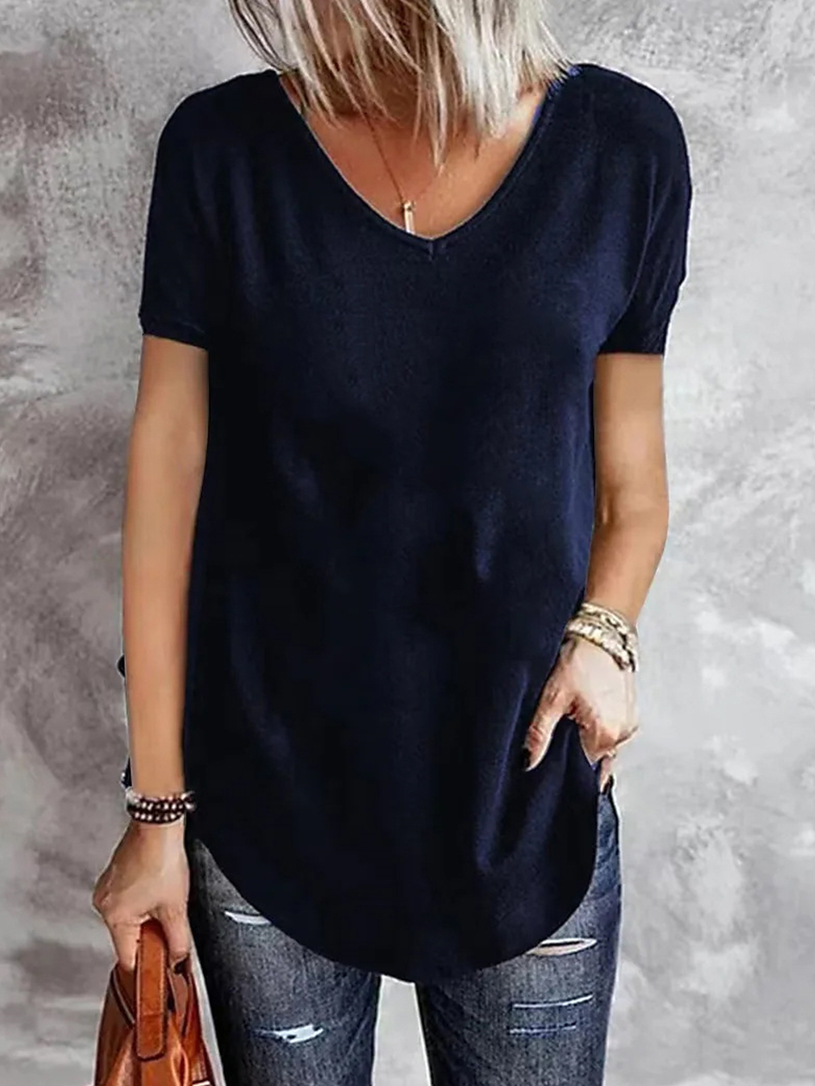 Summer V neck Short sleeved Solid Color T shirt