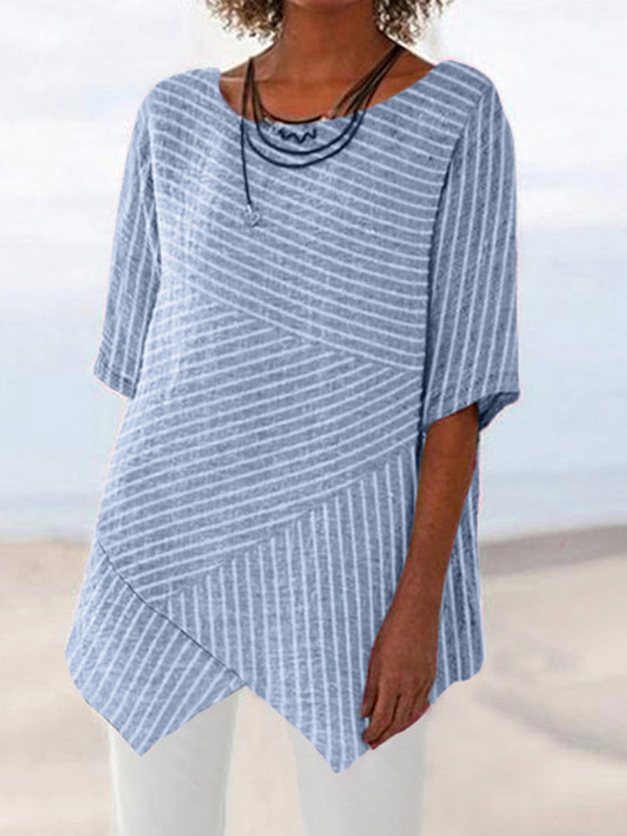 Casual Striped Print Crew Neck Half Sleeve Blouse