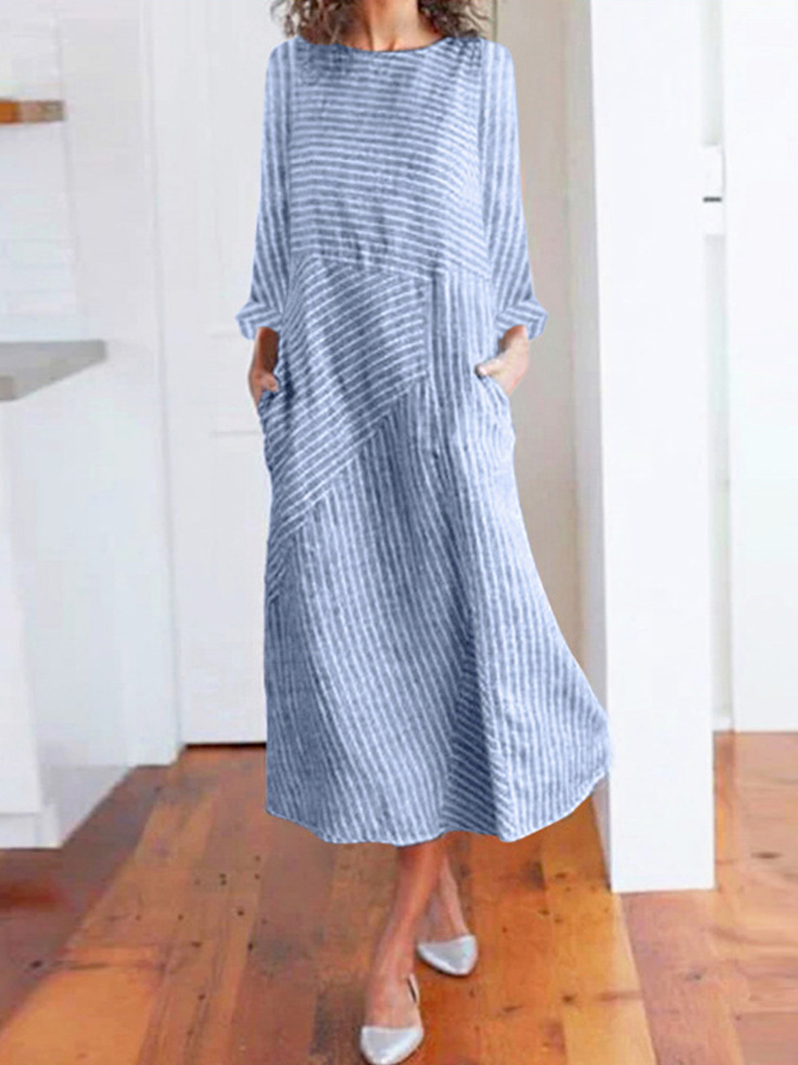 Casual Striped Crew Neck Long Sleeve Midi Dress