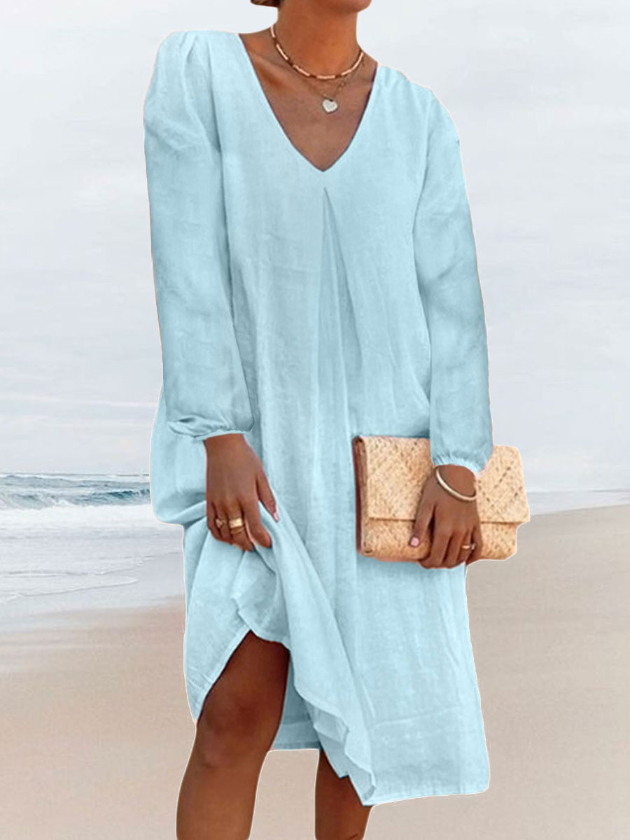 V neck Casual Loose Solid Color Long Sleeve Short Dress
