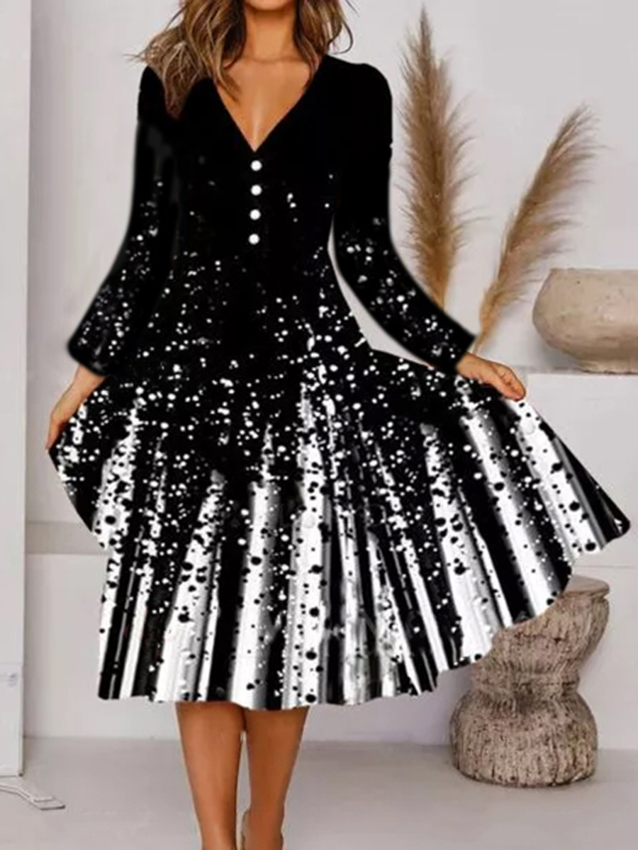 Casual Fashion Printed V Neck Long Sleeve Midi Dress