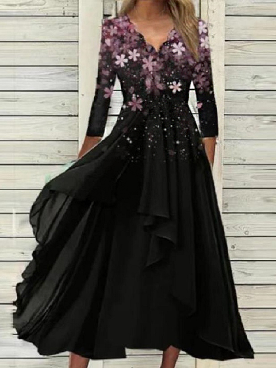 Casual Floral Print Wavy V Neck Long Sleeve Maxi Dress