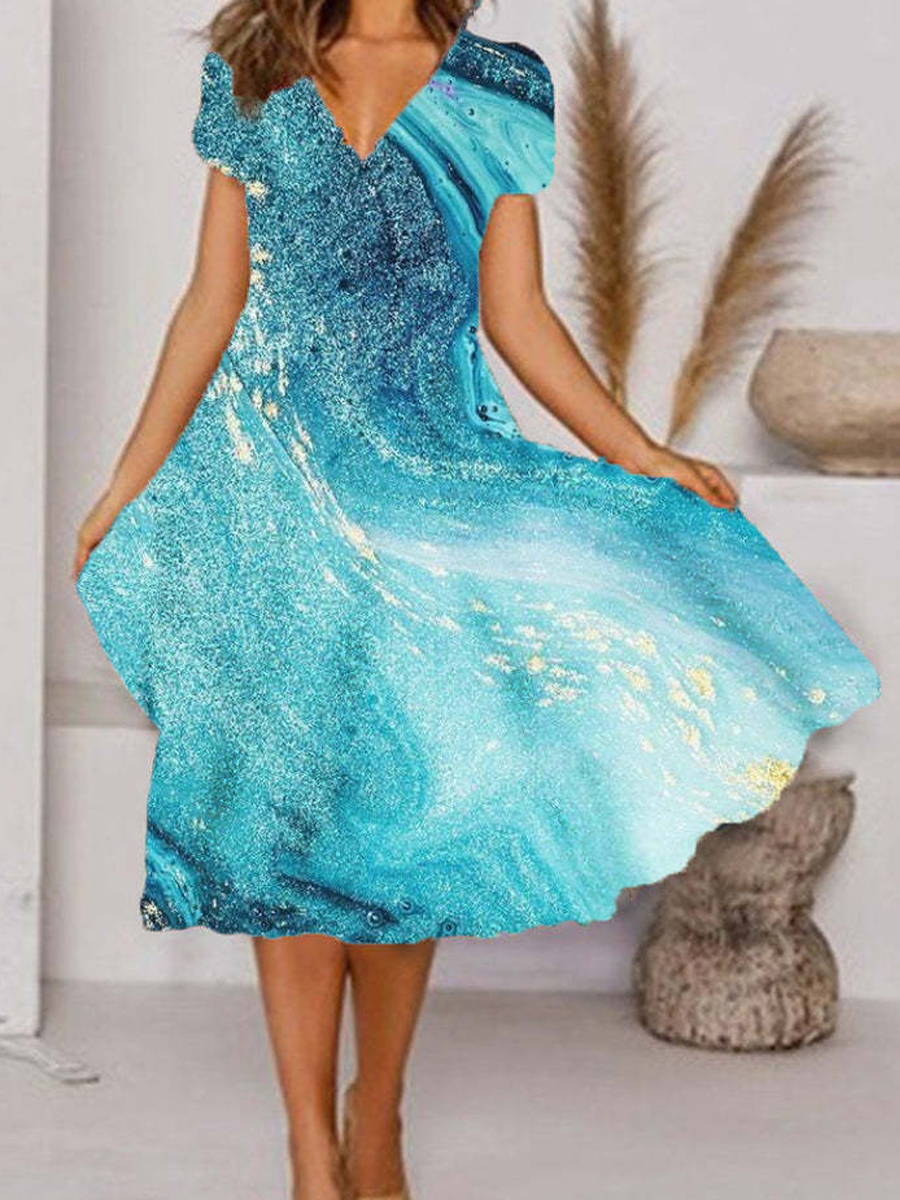 Casual Marble Print Crew Neck Short Sleeve Maxi Dress