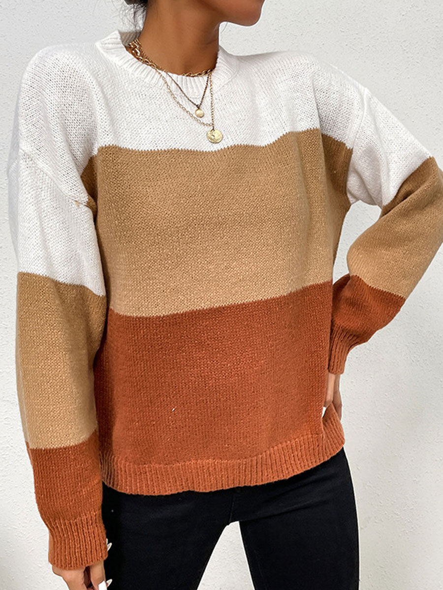 Round Neck Casual Loose Striped Panel Knit Sweater