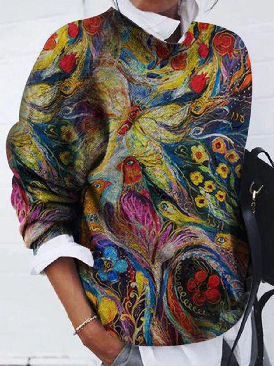 Casual Fashion Flower Print Long Sleeved Pullover