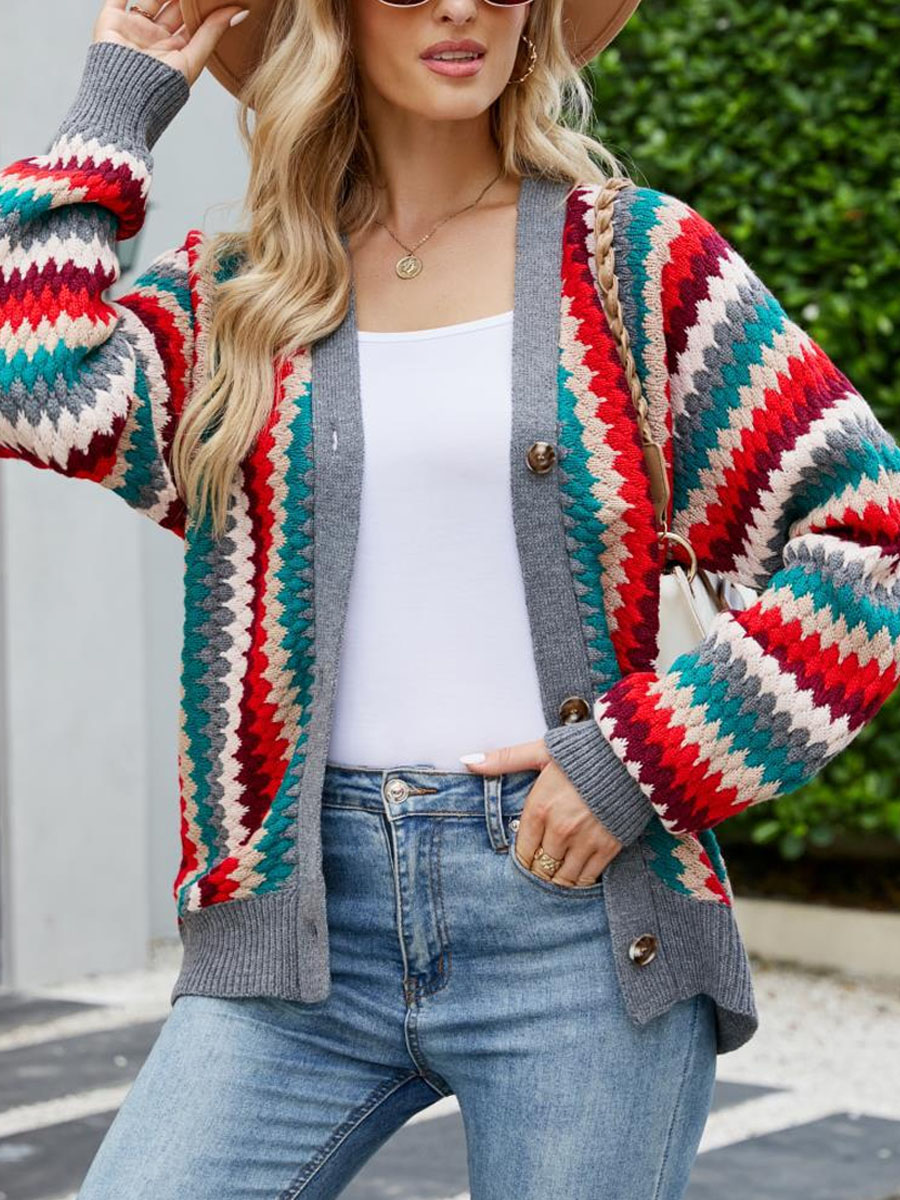 Multicolor Striped Loose Knit Single Breasted Cardigan Sweater