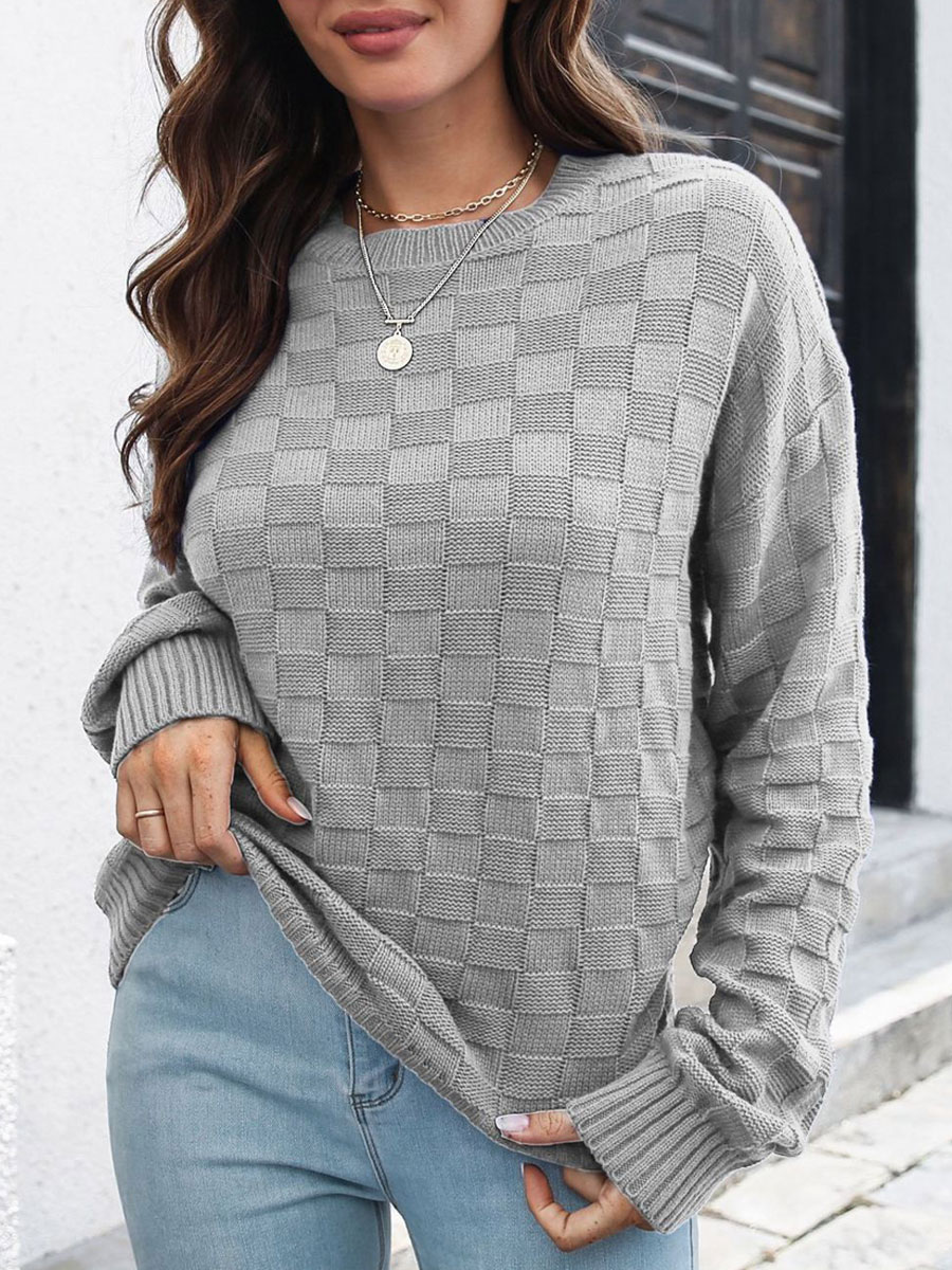 Round Neck Casual Loose Solid Color Plaid Pullover