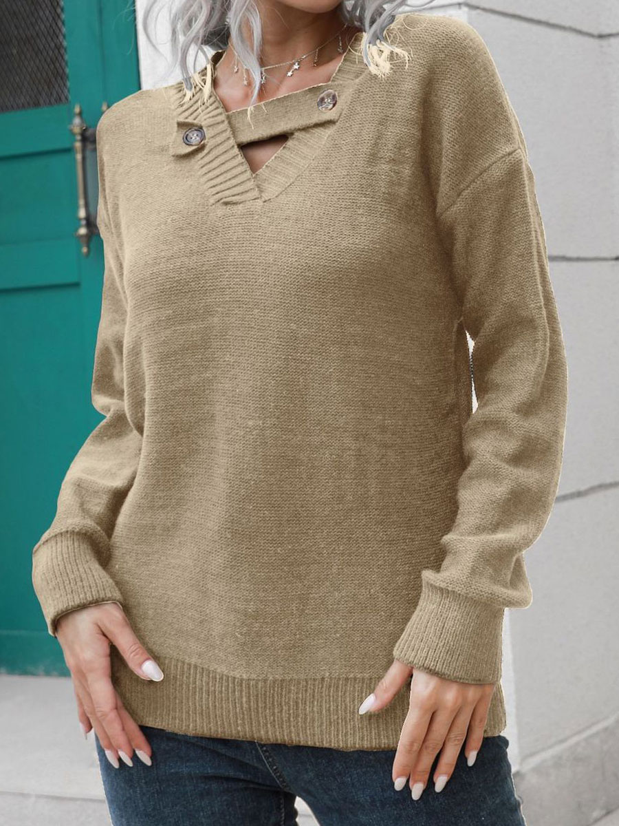 V neck Casual Loose Solid Color Wool Pullover