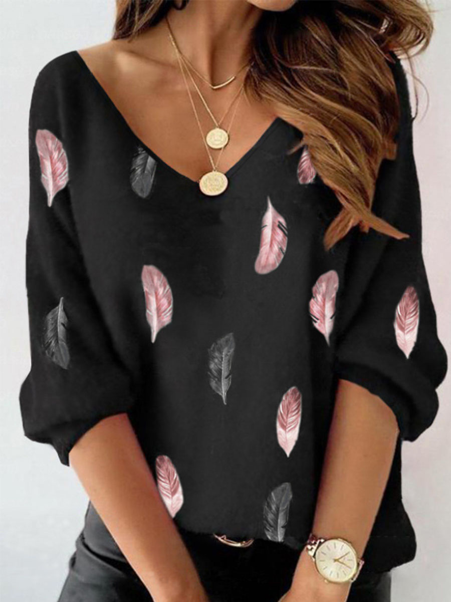 Feather Print V Neck Long Sleeve T shirt