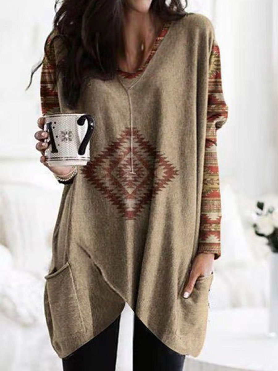 V neck Casual Loose Geometric Print Long Sleeve T shirt