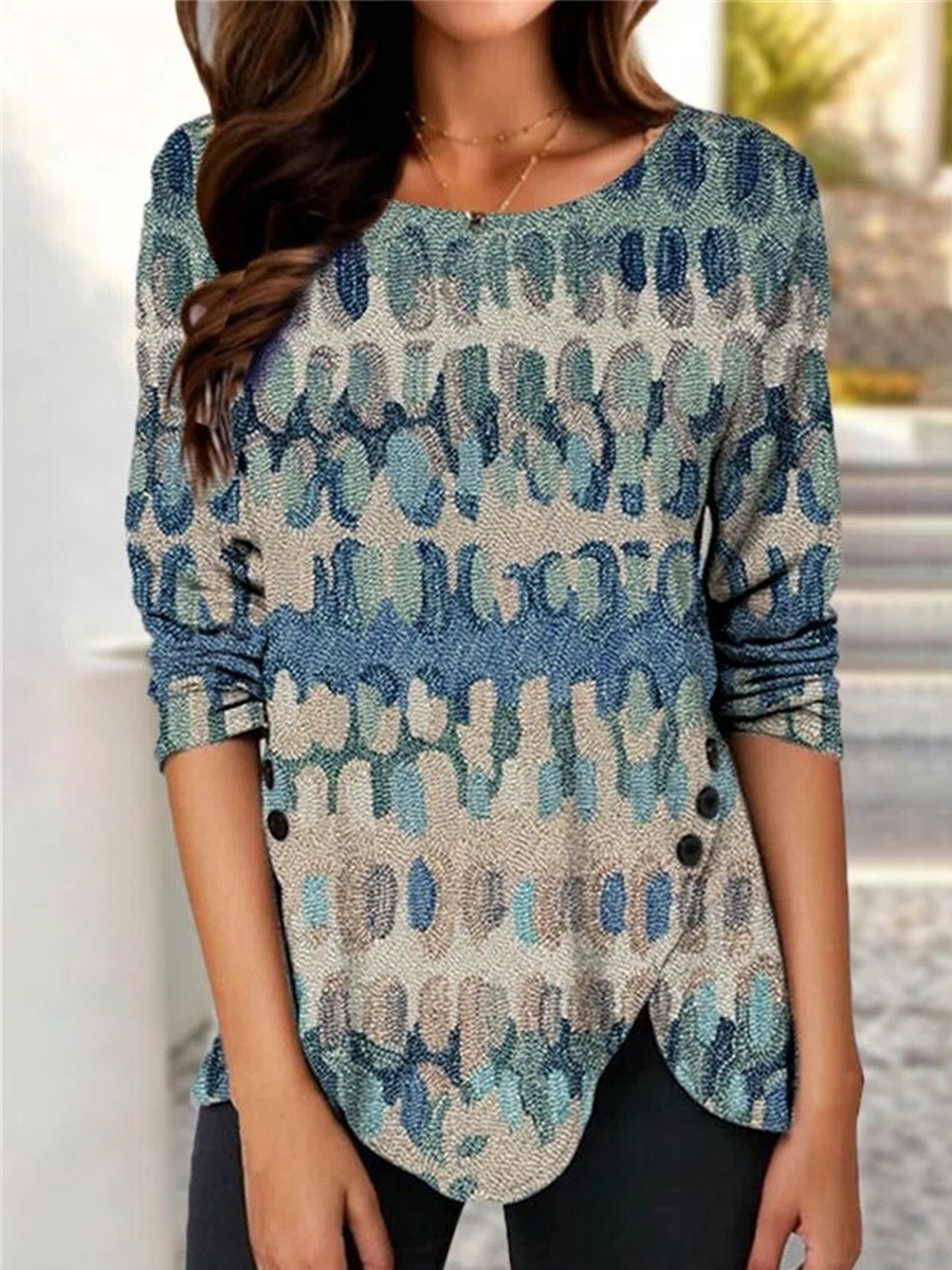 Round Neck Casual Loose Print Chic Printed Long Sleeve T-shirt