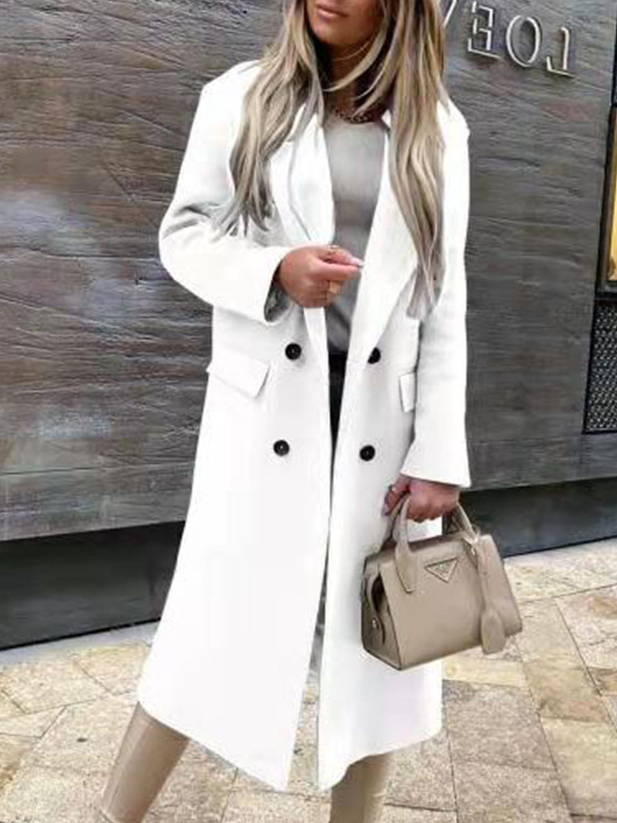 Stylish Slim Solid Color Double Row Button Long Sleeve Overcoat