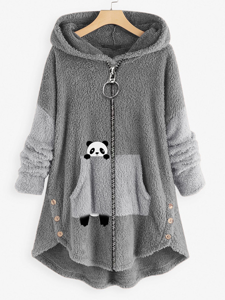 Casual Oversized Panda Print Chic Zip Hooded Coat