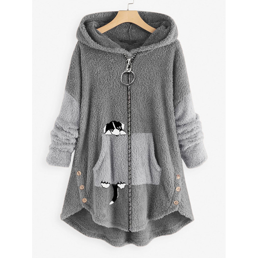 

Manteau à Capuche Zippé Décontracté à Imprimé Chat Surdimensionné