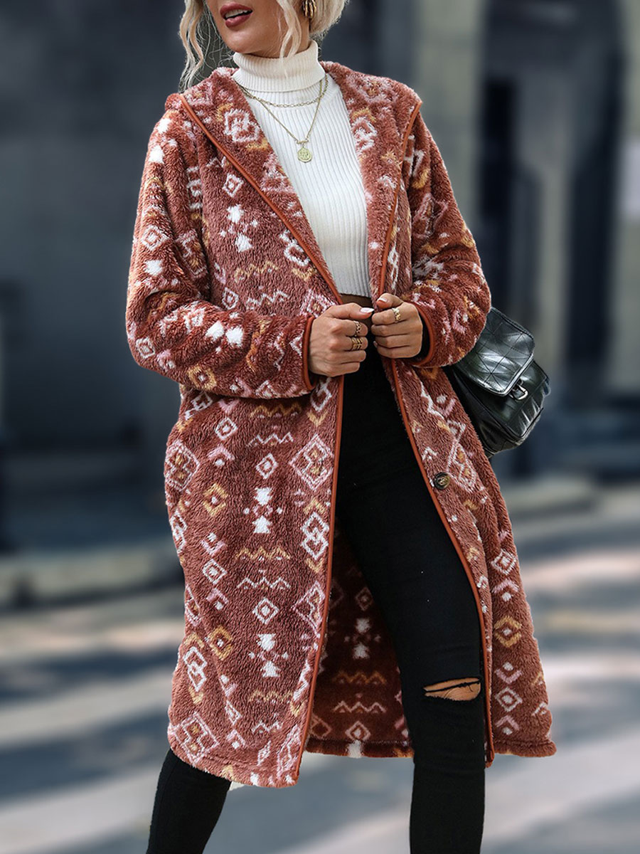 Hooded Long Sleeve Geometric Print Single Breasted Oversized Regular Plush Jacket